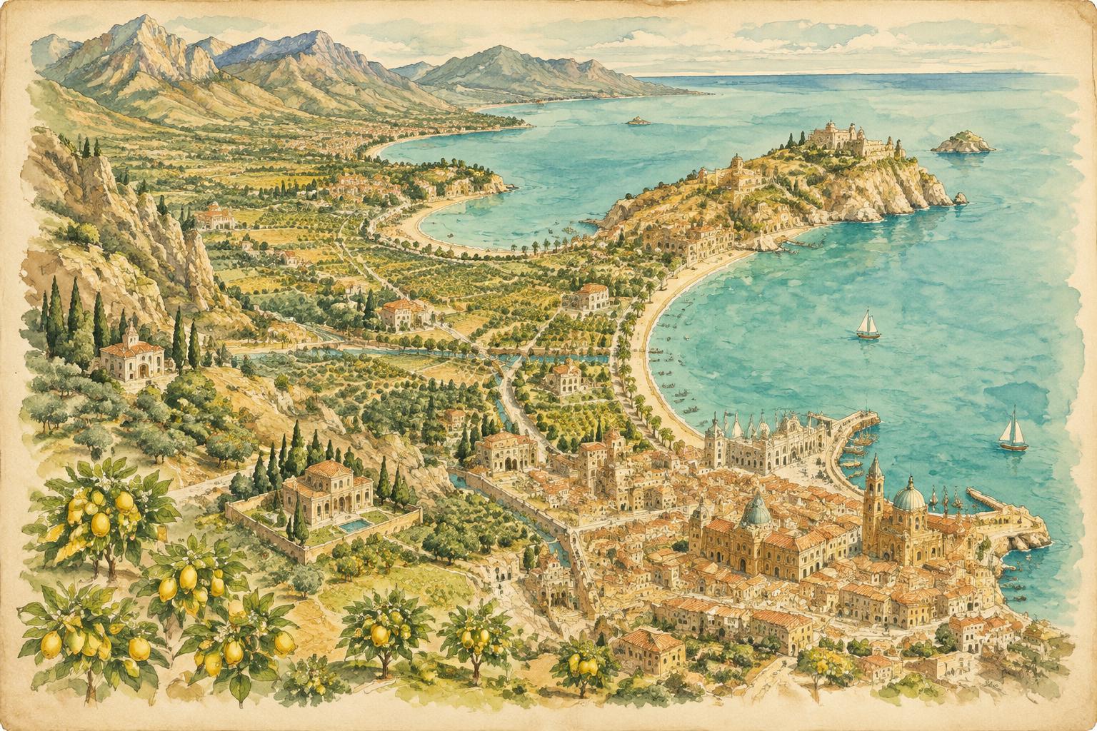 Watercolor map of Palermo and its coastline