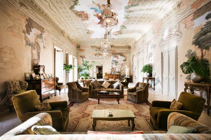 Frescoed salon with chandeliers at Villa Tasca